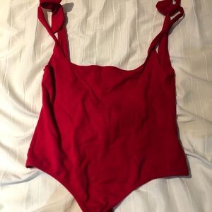 Free People red, square neck thong body suit